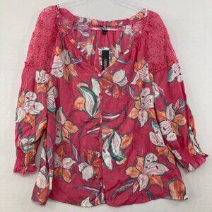 New Unique Spectrum Large Pink White Floral Lace Feminine Button Down Vacation